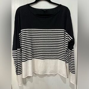 Eileen Fisher Fine Knit Sweater Boat Neck Linen-Cotton Black White Striped Large